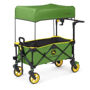 imageBright Starts John Deere Pop N Ride Stroller Wagon Foldable with Sun Shade 50 SPF Protection Seats 2 Kids at Once Green ampamp Yellow Unisex